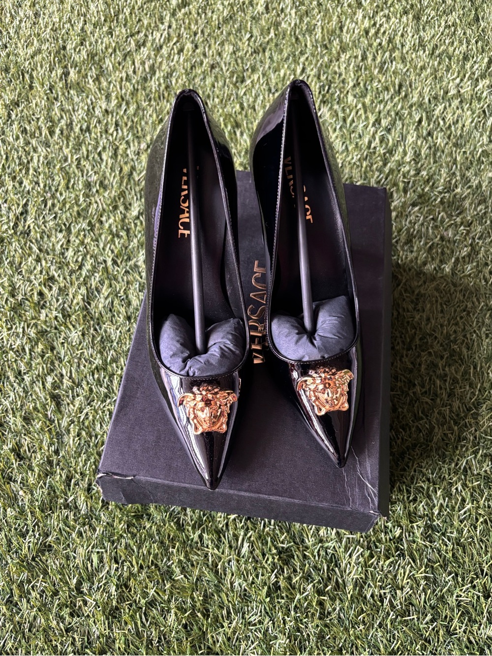 Versace Black Patent Pointed Toe Pumps with Gold Medusa
